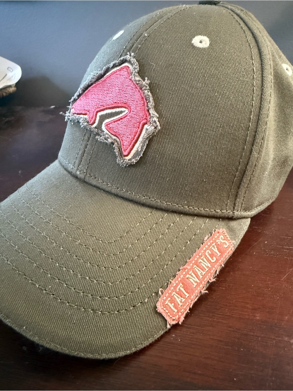 Olive Green Baseball Cap with Pink Fishing logos